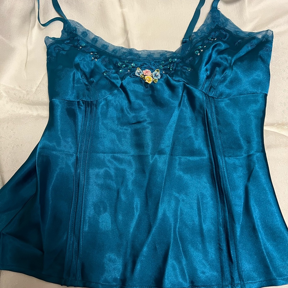 Deep teal satin cami with floral trim size medium